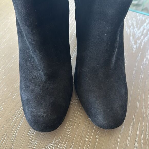 Karl Lagerfeld Black Leather Suede Ankle Boots Geometric Gold Block Heel Sz 8.5 - Picture 12 of 16